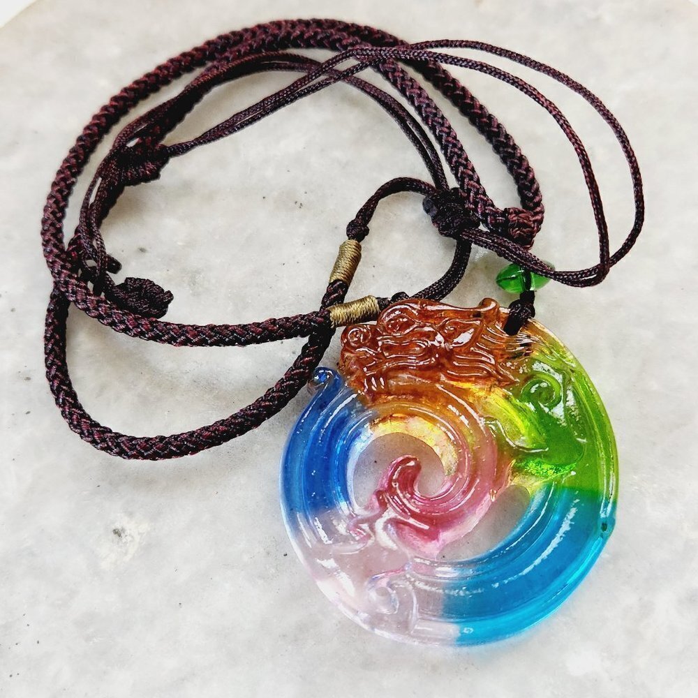 Gufuliuli Multicolor Asian Dragon Glass Crystal Art Pendant Necklace